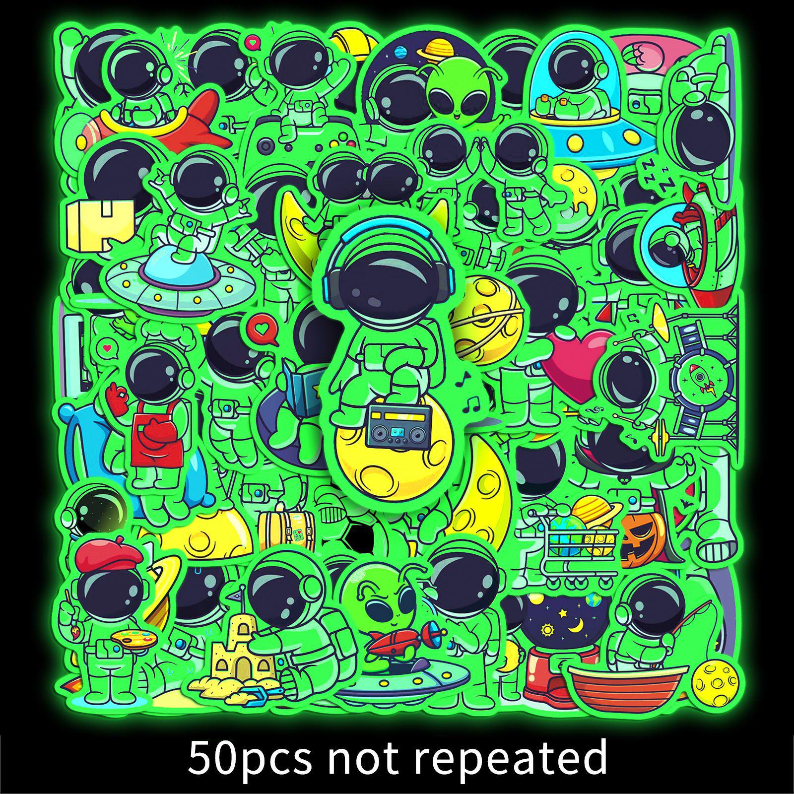 50 Trendy Luminous Astronaut Cartoon Stickers for Suitcases, Water Bottles, and Refrigerators