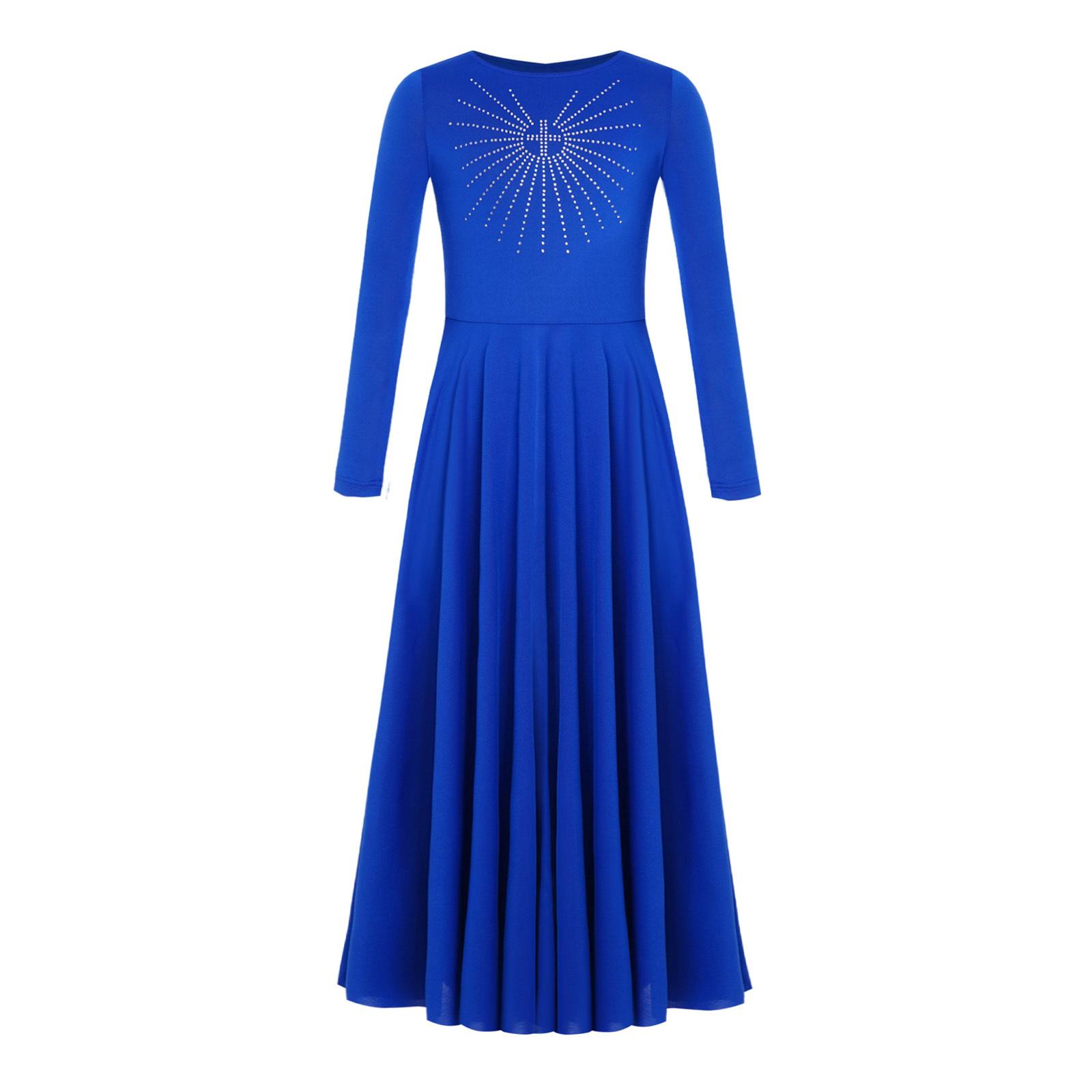

Костюм для танцю поклоніння для дівчаток, Максі-сукня А-силуету з круглим вирізом та довгим рукавом, Блискуче вбрання для хору з блискітками та стразами 13-14 Years королівський синій колір
