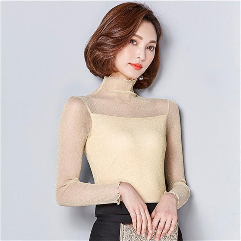 2024 Damen High-Neck Patchwork Mesh Top mit Gold- & Silberfäden - Vielseitige Langarm See-Through Basisschicht