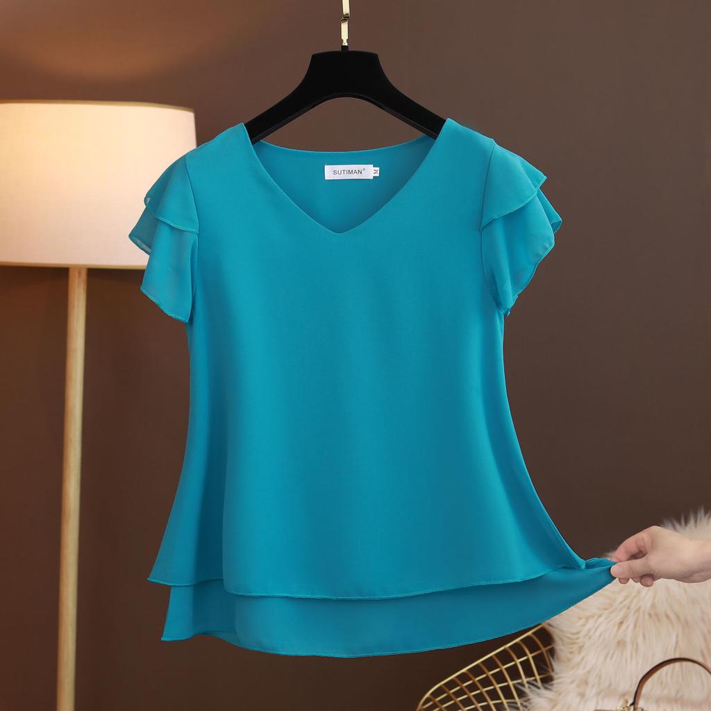 Summer Women Blouse V-Neck Chiffon Shirt Loose Female Short Sleeve Blouse Oversized Shirts Womens Tops