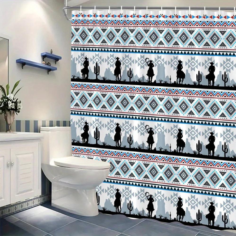 Southwestern Cowboy & Cacti Shower Curtain - Colorful Desert Motif, Geometric Patterns,Machine Washable, Vibrant Bath Accessory