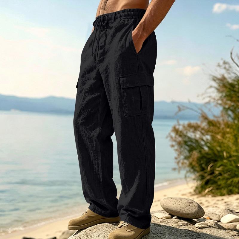 Men Elastic Waist Drawstring Linen-Like Cargo Pants