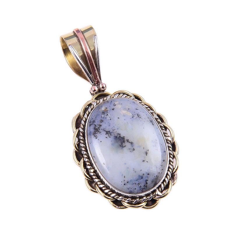 Natural Dendrite Opal 925 Solid Sterling Silver Gift TwoTone Pendant 1.50" Z5E43