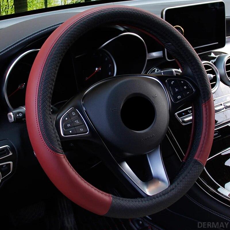 

Чехлы на руль автомобиля 37-38 см, универсальный чехол на руль из искусственной кожи, противоскользящие автомобильные аксессуары на четыре сезона вино красного