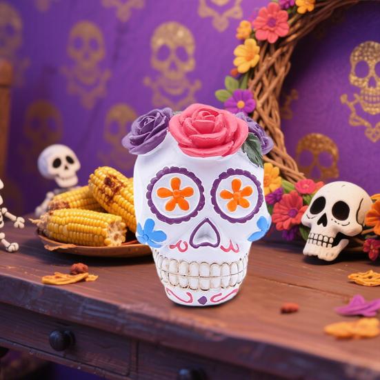 Day of The Dead Floral Skull Statue Colorful Flower Patterned Human Head Bone Model Resin Sugar Skull Figurine for Halloween Home Tabletop Decor