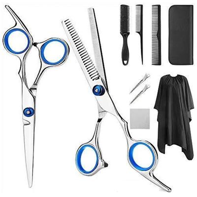 10 Stück Haarschneidescheren Set Kämme Umhang Edelstahl Friseursalon Friseurscheren Set Blau