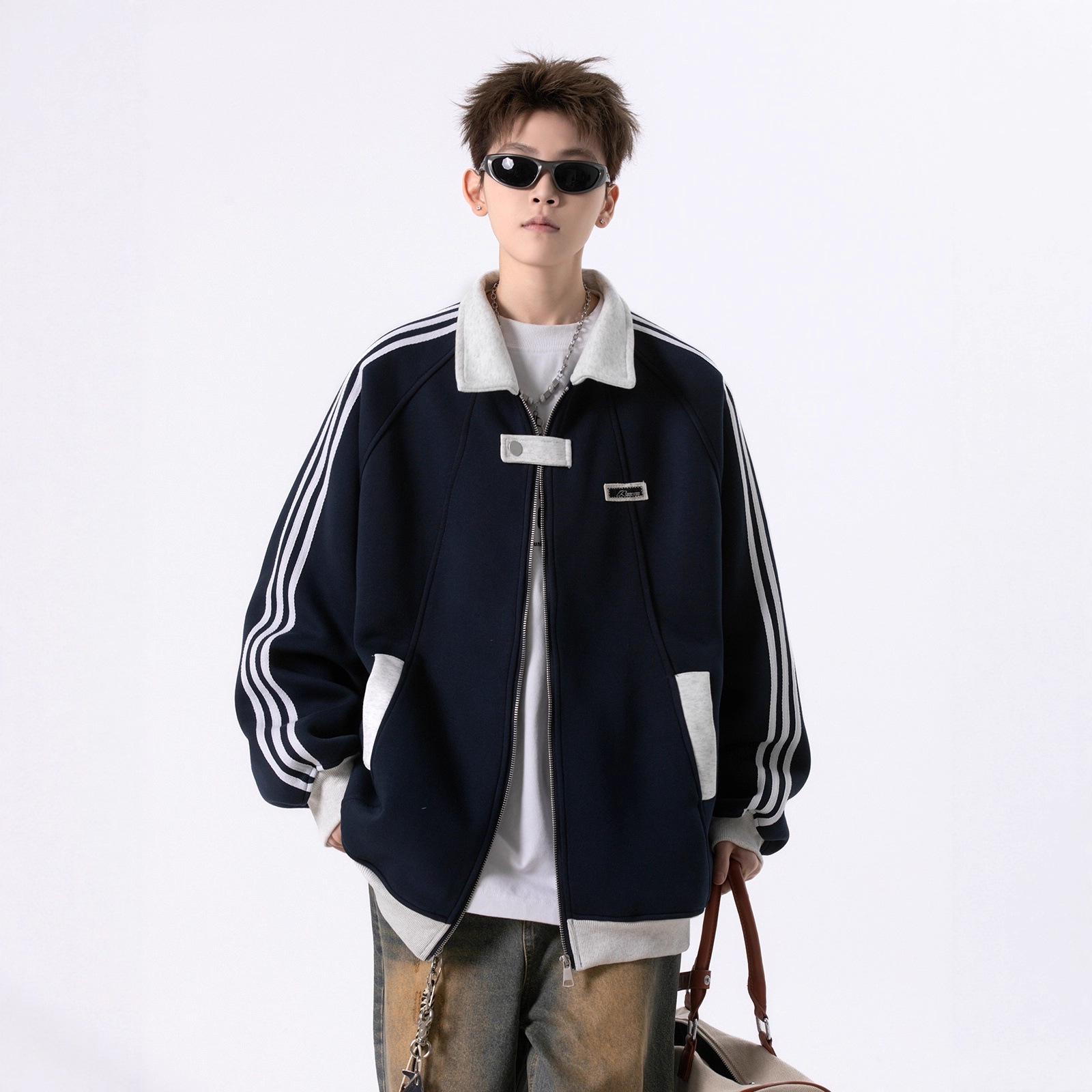 Men s and Women s Trendy Striped Baseball Jacket - Youth Patchwork Autumn/Winter Outerwear L темно-синий