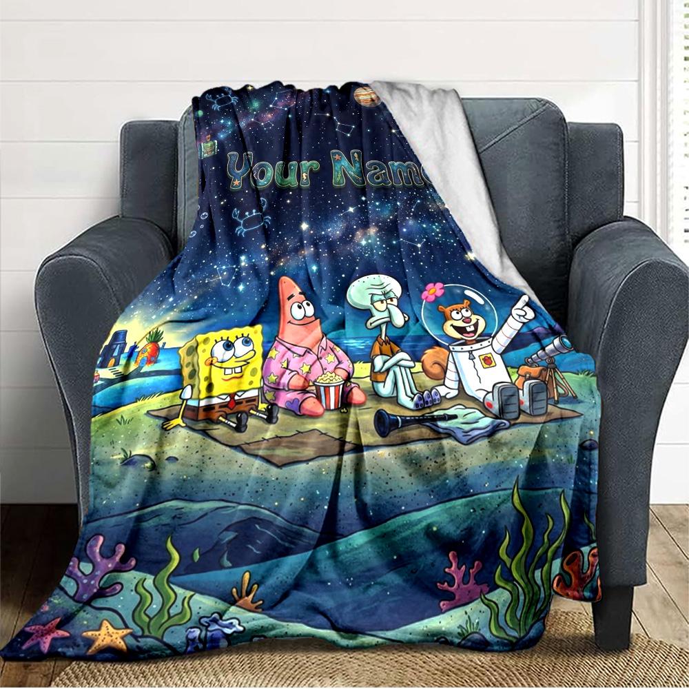 Name Custom SquarePants Print Flannel Blanket High Quality Warm Comfortable Cover for All Seasons Perfect for Gifts Home Decor