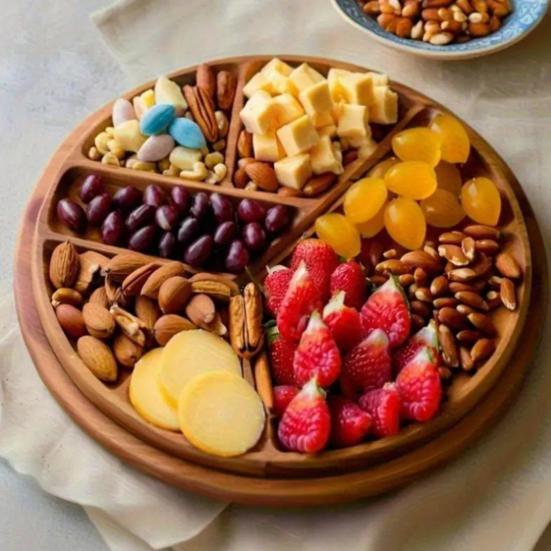 Wood Serving Tray Divided 8-Section Snack Dessert Platter Food-Grade Safe Round Serving Plate for Appetizers Nuts Dips Picnic