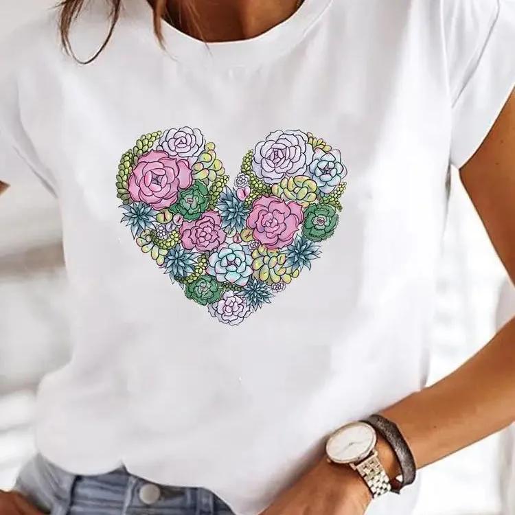 Y2k Love Heart Print Women Summer T Shirt Girl O Neck Funny Y2K Tops Tee Female 90s Casual Clothing