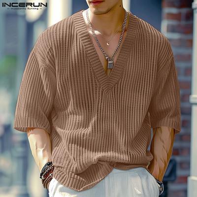 Men Deep V Half Long Sleeve Knitted Casual Rib Tops