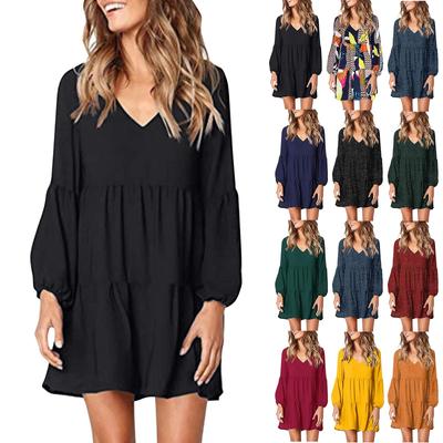 Women's Fashion V-Neck Loose Ruffle Pleated Swing Solid Colour Casual Chiffon Dresses