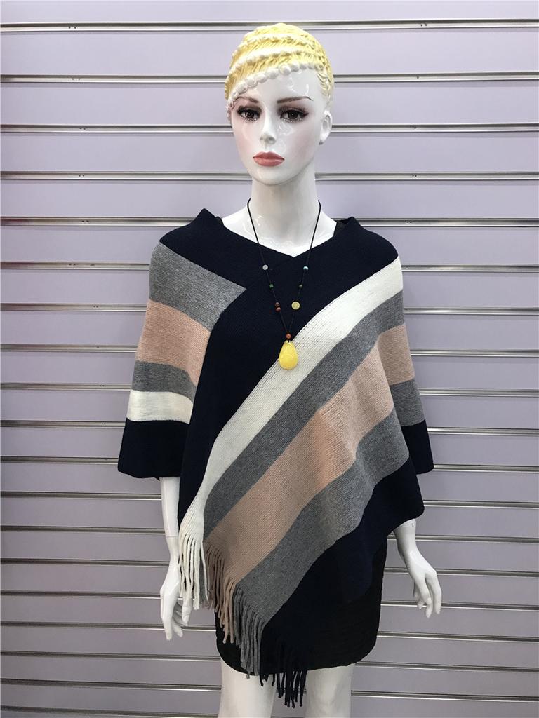 Pulover cu franjuri pentru damă, pelerina tricotată de lungime medie, șal, jachetă cu dungi