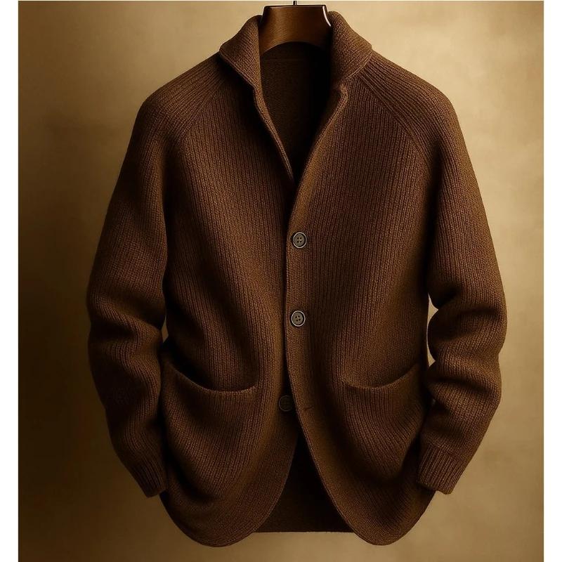 Men's Knitted Three-Button Green Fruit Collar Cardigan Sweater Spring Aautumn Knitwear Solid Color Long Sleeve Knit Outerwear