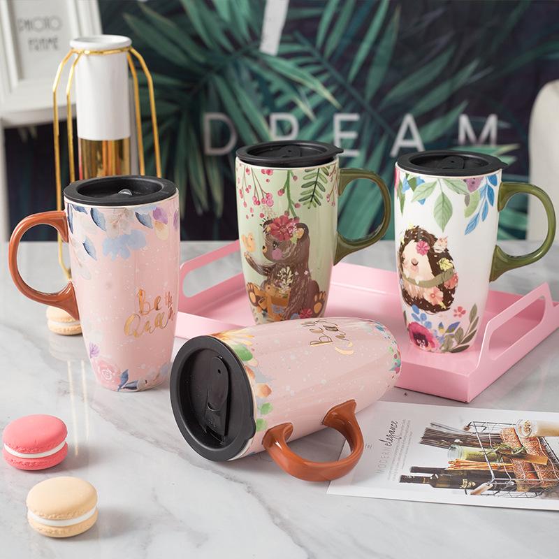 Creative Cartoon Ceramic Cup Large Capacity Drinking Cup with Lid Home Office Coffee Cup High value Couple Mug