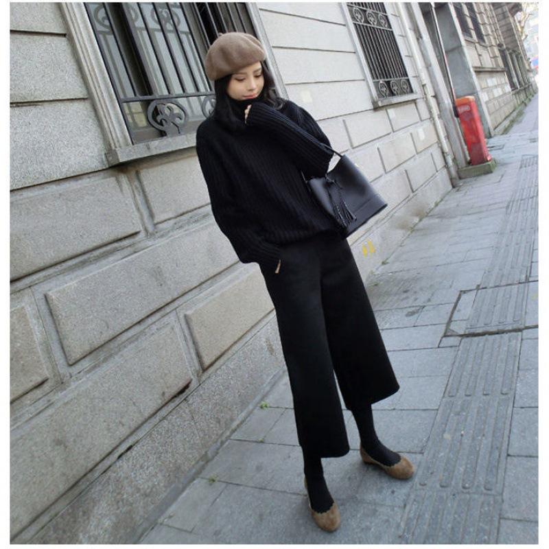 Women's Wool Wide-Leg Nine-Point Pants - Autumn/Winter, Loose, Slimming, Korean Style.