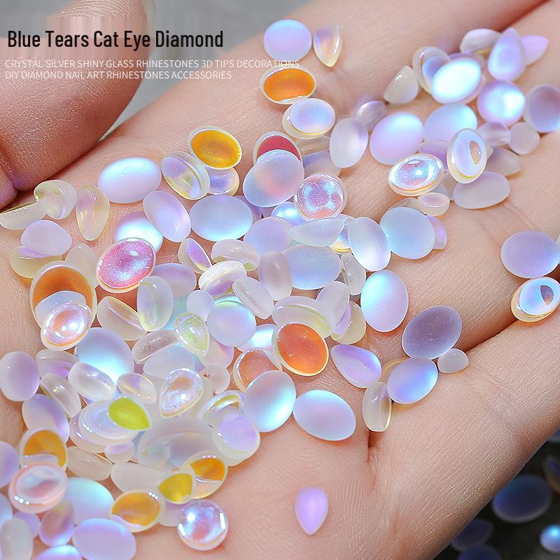 Bijoux d'Art d'Ongles Oeil de Chat Goutte Bleue Givrée - Pierres Précieuses Ovales à Dos Plat pour Décoration d'Ongles DIY.