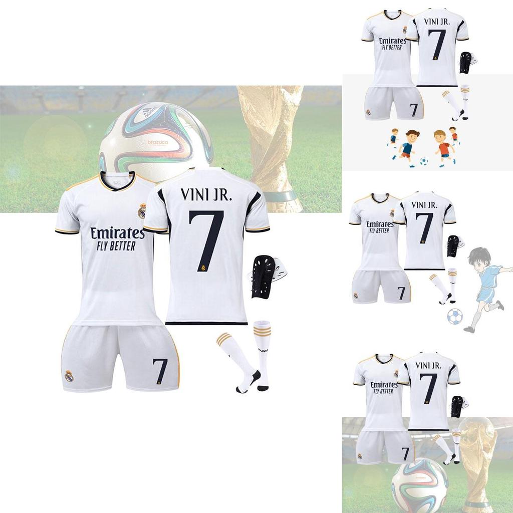 Real Madryt Domowy 7 Vini.jr Zestaw Koszulki Piłkarskiej Dla Dzieci i Dorosłych Tkanina Poliestrowa Koszulka Spodnie Skarpety i Sprzęt Ochronny w Zestawie