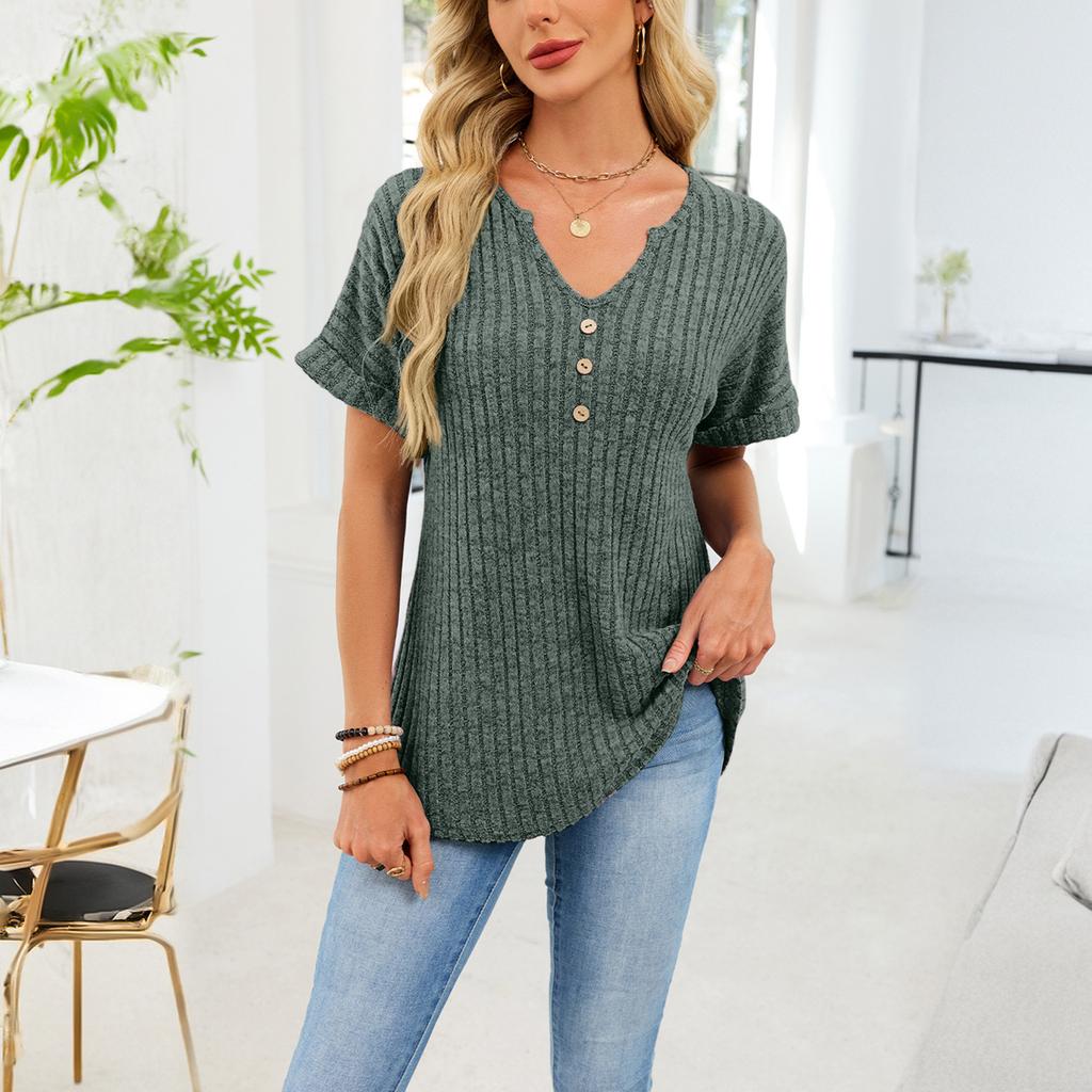 Women's Color V-Neck Short Sleeve T-Shirt with Buttons, Loose Fit Ribbed Knit Top, Casual Spring Summer Tee
