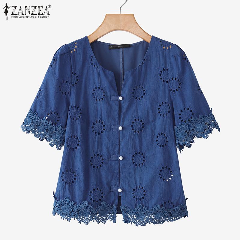 ZANZEA Women Casual Round Neck Short Sleeve Lace Crochet Patchwork Blouse