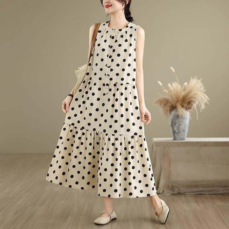 Women's Plus Size Polka Dot Sleeveless Cotton-Linen Dress - French Style