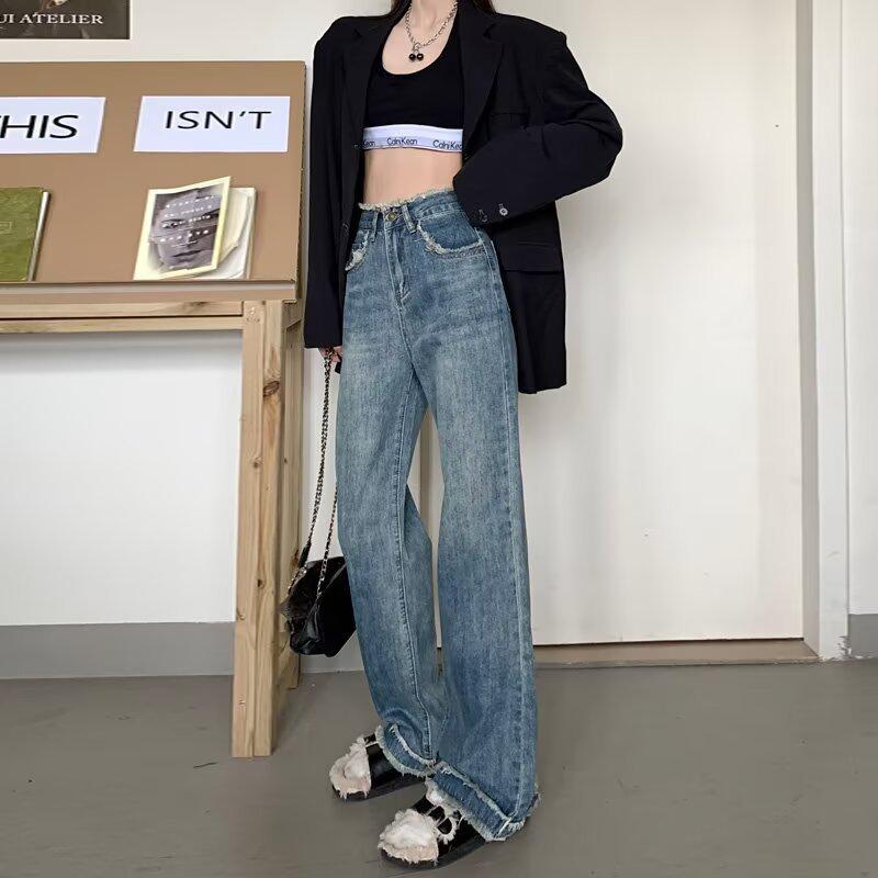 

Ретро женские джинсы с необработанным краем и широкими штанинами - Весна-Лето Large синий