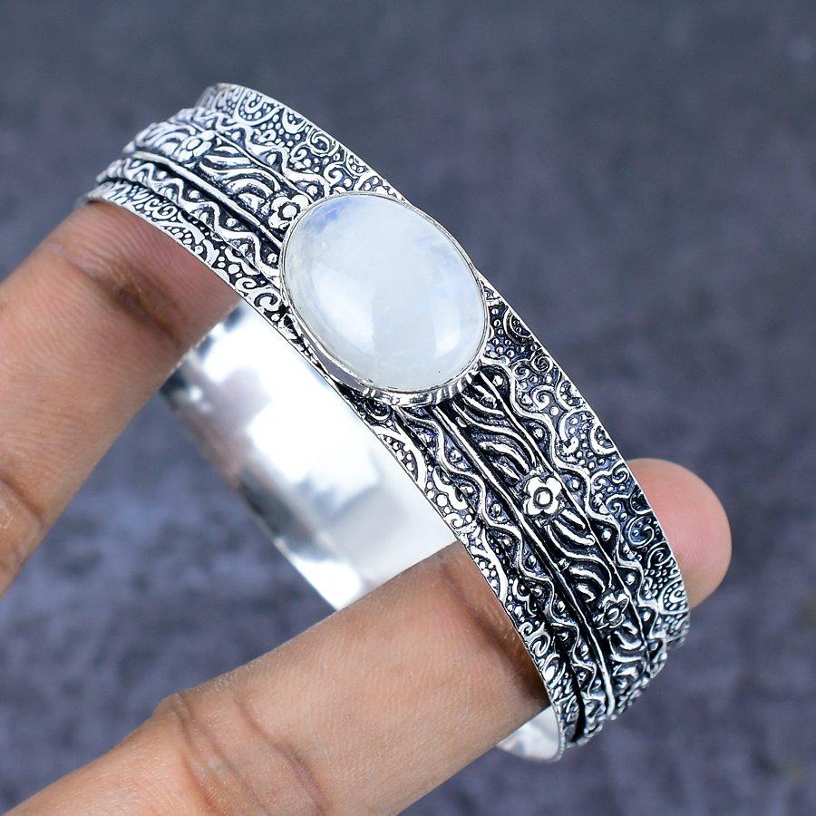 Moonstone Gemstone Handmade 925 Sterling Silver Cuff Bangle 7.5" B4d01