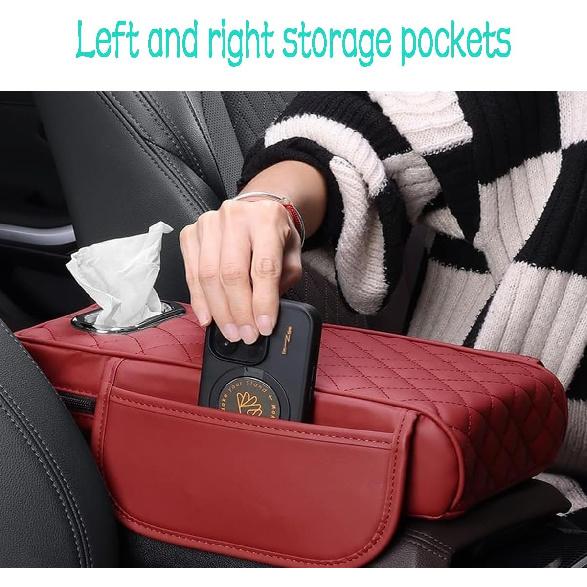 Car Armrest Cover Leather Car Console Covers Box Pad with Pocket and Tissue Box Arm Rest Cover for Car for SUV Truck Sedan Vehicle (Beige)