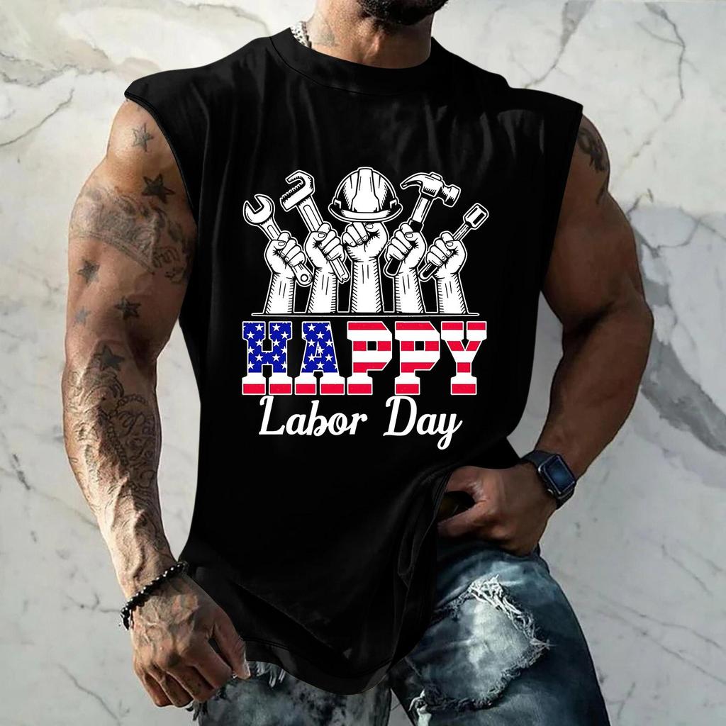 Men's Sleeveless Casual Tank Top Loose Fit Muscle Shirt Labor Day Print Crew Neck Comfortable Summer Workout Apparel