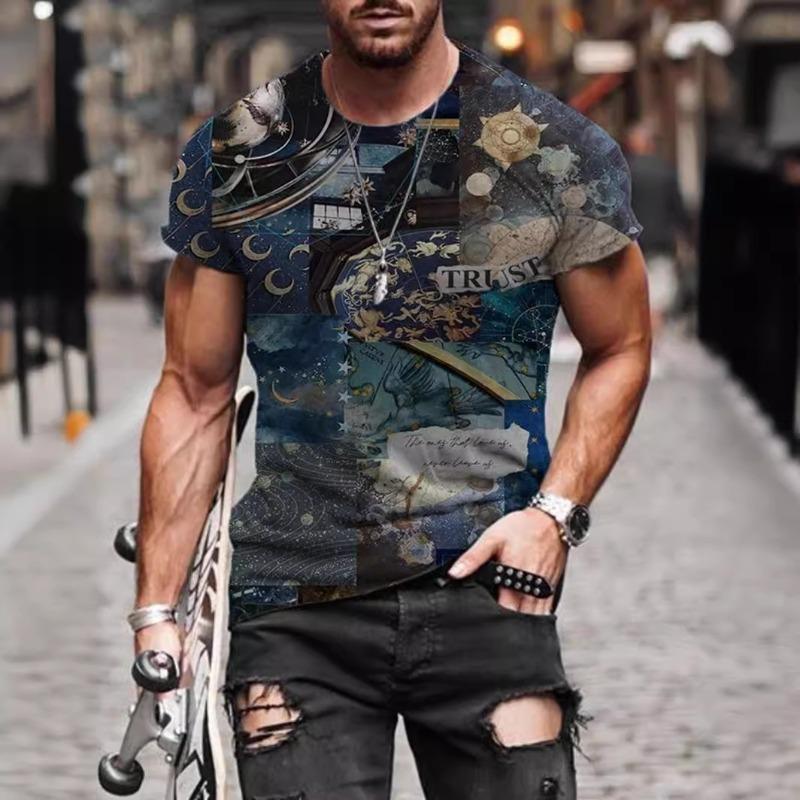 Herrs 3D-printad Street Fashion T-shirt Färgstarkt Mönstertryck Kortärmad Rundhalsad Tröja Vardaglig Topp