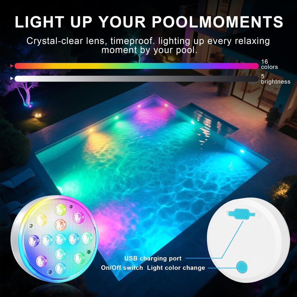 Rechargeable Submersible Pool Lights With Remote Waterproof Underwater Charging 16 Color Changing LED With Magnet Floating Light