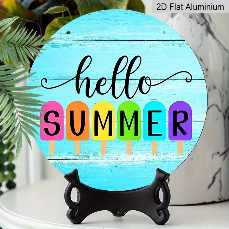 2D Flat Summer Popsicle Aluminum Decorative Signs and Plaques in Various Sizes. "Hello Summer" Rainbow Popsicle Pattern Wall Decorations, Suitable