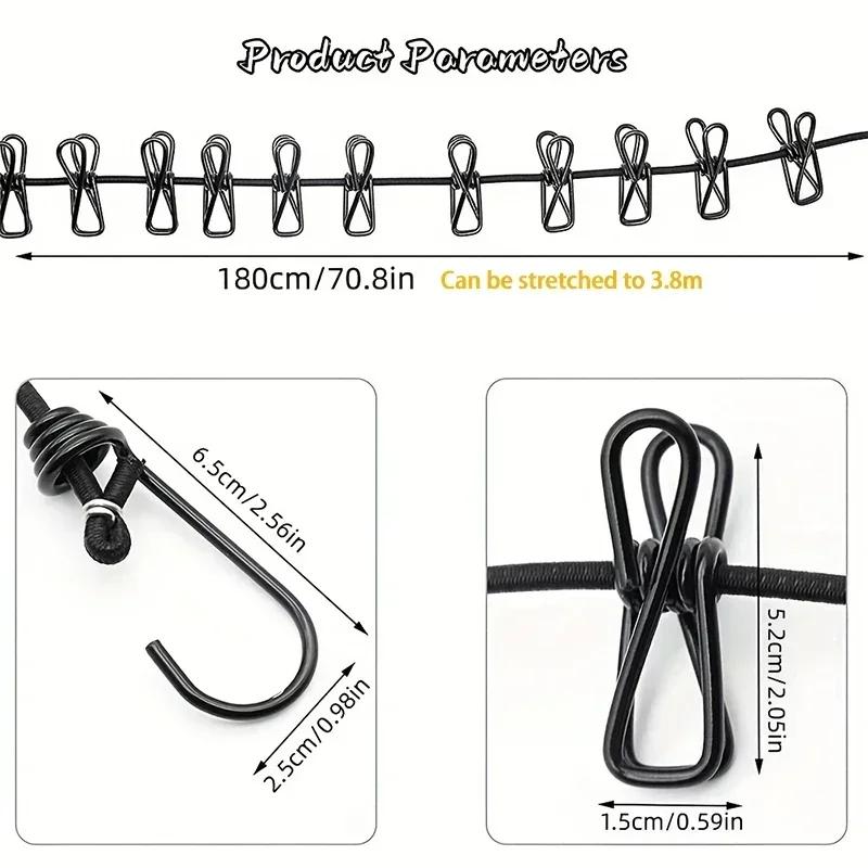 Portable Clothesline with 12 Clips Elastic Retractable Laundry Drying Rope Wind-Proof Clothes Hanging Line for Outdoor
