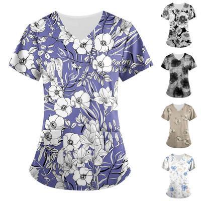 Women's Floral Printing Short Sleeve V-neck Tops Working Uniform Pocket Blouse