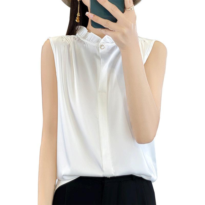 Summer Women's Silk Shirt Satin Round Neck Concealed Button Sleeveless Blouse Solid Colour Tops