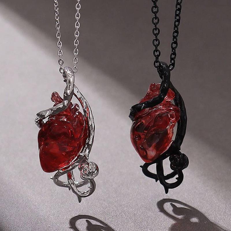 Halloween Gothic Roter Kristall Blume Dornen Anhänger Halskette für Damen Herren Punk Liebesherz Skelett Totenkopf Choker Schmuck