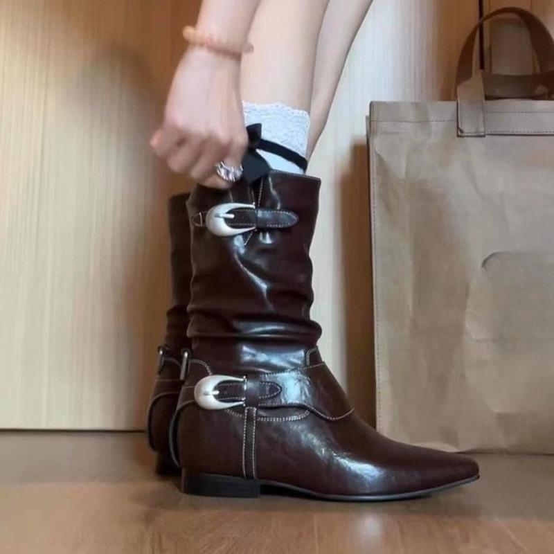 New Style Luxury Pleated Buckle Knight Boots for Women Autumn Brown Leather Mid Calf Boots Woman Slip-On Thick Heel Riding Boots