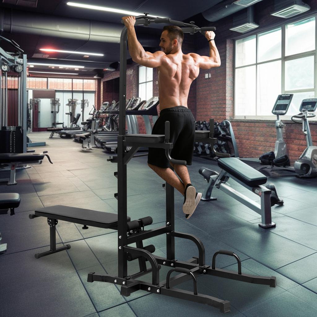 Power Tower Pull Up Bar Station (Includes Workbench and Bench), Adjustable Height Multi-Function Power Tower, Stable Strength Training Equipment