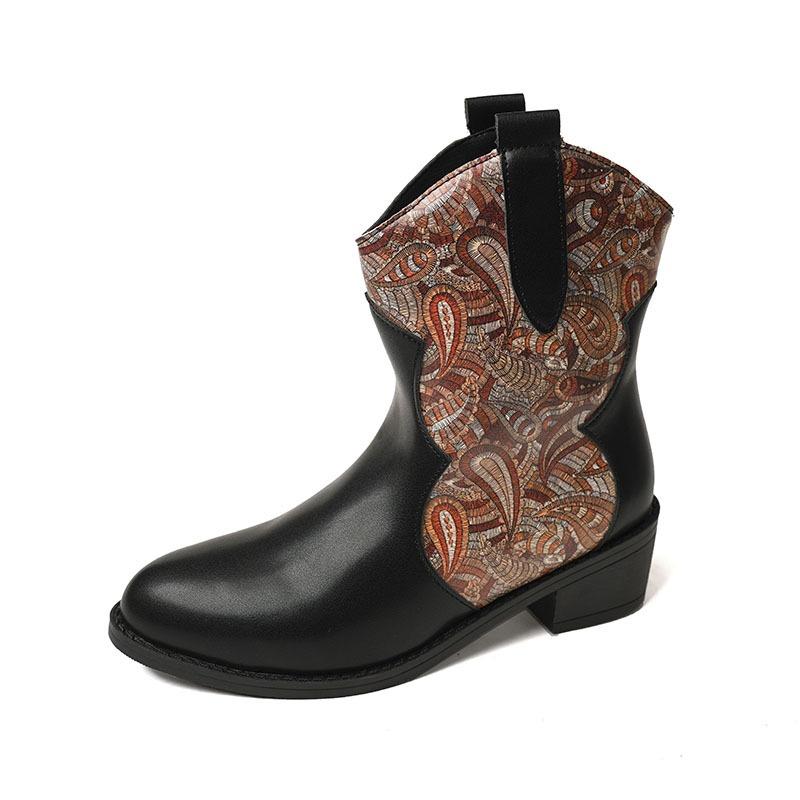 Large size pointed thick heel retro color matching printed short boots Martin boots new versatile fashion boots