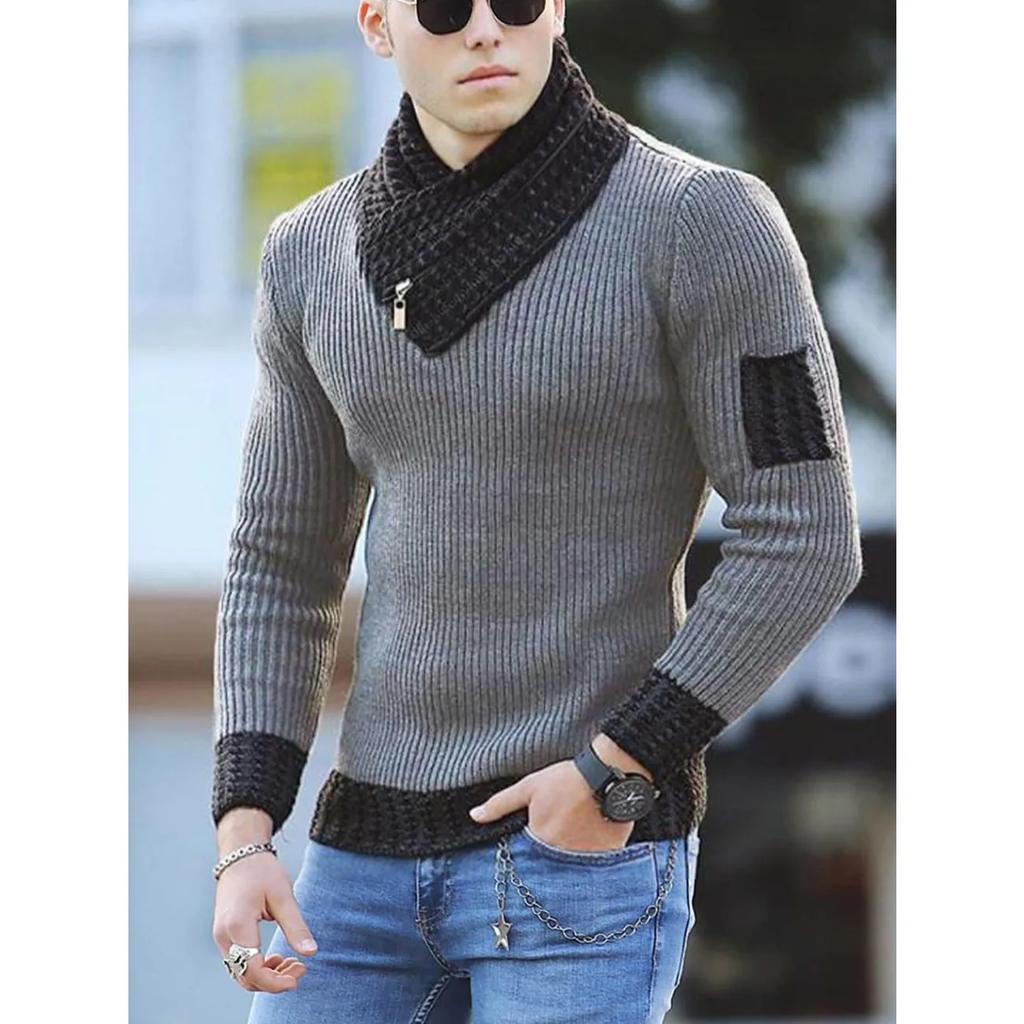Men's Long Sleeve Pullover Knit Sweater Patchwork Scarf Neck Gentleman Slim Sweater