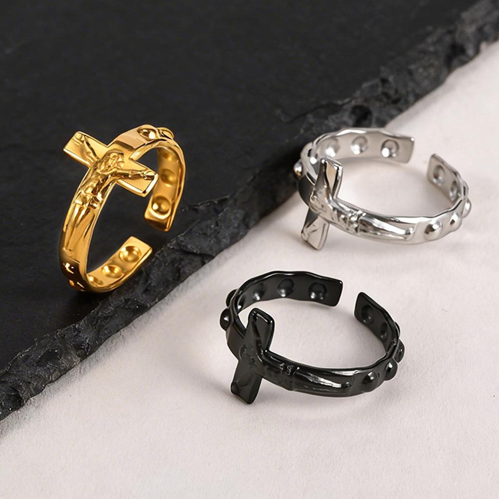 Vnox Stainless Steel Open Cross Ring for Men, Adjustable Jesus Crucifix Faith Band, Black Gold Silver Color Religious Rings NEW