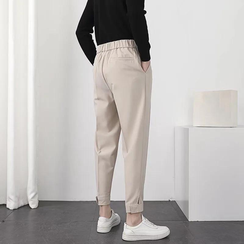 Men's Summer Cuffed Cropped Casual Pants with Drape Fit, Velcro Waistband, and Suit-Style Design