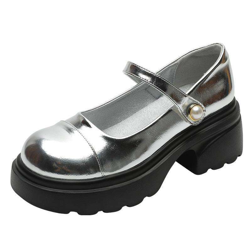 Silver Mary Jane Shoes Women's Pearl One-word Thick-soled Light-mouth Single Shoes Women's Small Fragrant Wind Round Head Thick Heel Jk Shoes