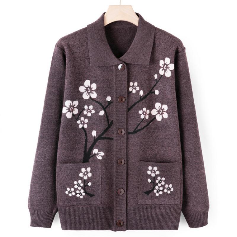 Medium Elderly Sweater Jacket Women's Autumn Mom Knitted Sweater Cardigan Top Grandma Casual Lapel Clothes