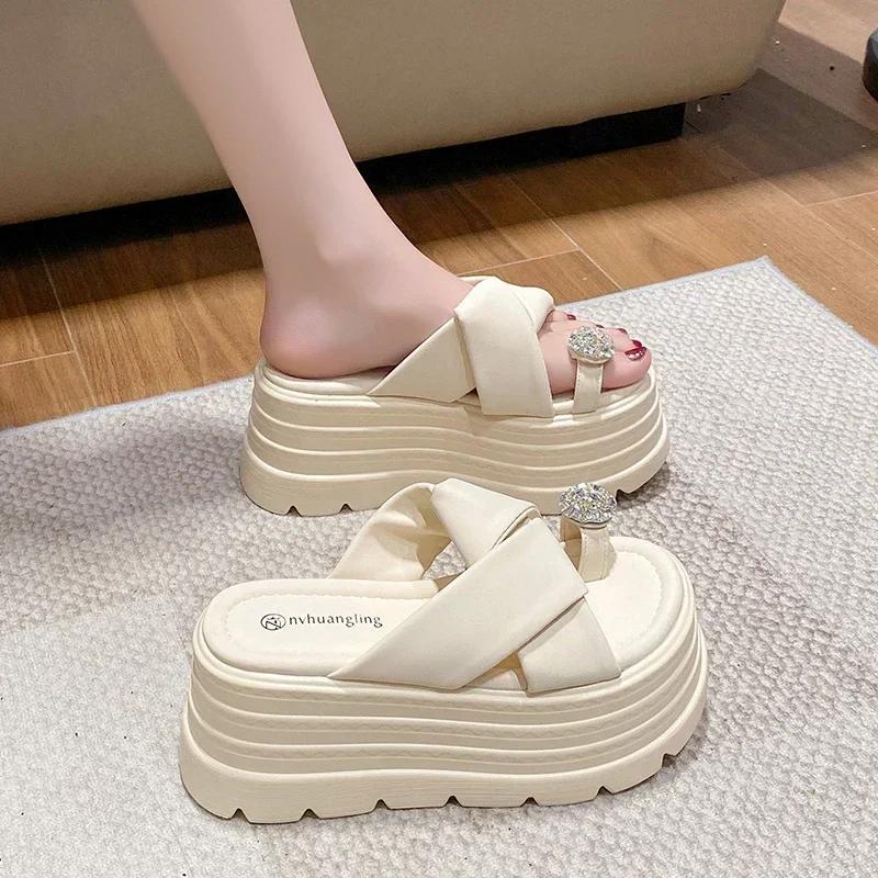 Fashion 8CM Embed Rhinestones Heels Wedge Slides Sandals Women Casual Outdoor Slippers Female Summer Beach Slipper Walking Chunky Shoes