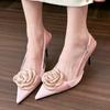 2024 New Women's Pointy Rose High Heels Female Spring Satin After Empty Shoal Sandals Female