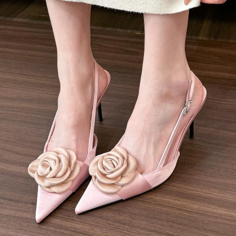 2024 New Women's Pointy Rose High Heels Female Spring Satin After Empty Shoal Sandals Female