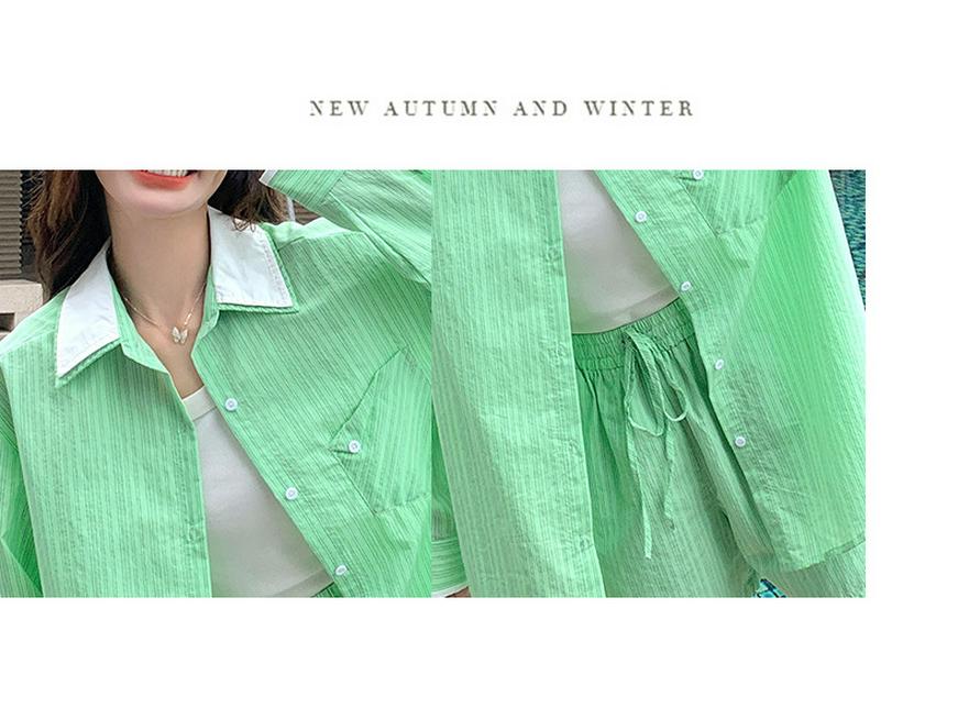 Spring/Summer Color Block Shirt & Elastic Waistband Shorts Set for Women