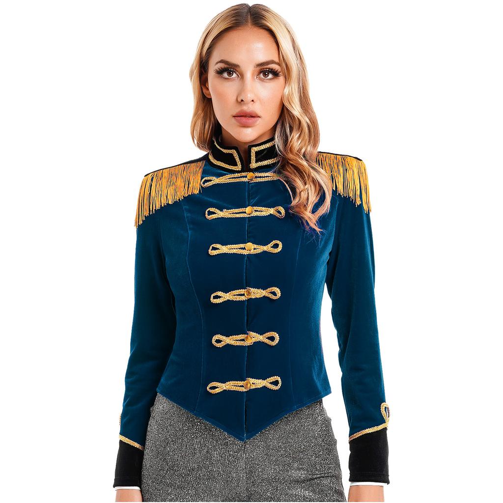 Giacca Cappotto di Velluto da Domatore di Circo per Donna Costume di Halloween Cosplay Collo Alto Spallina Frangiata per Gioco di Ruolo