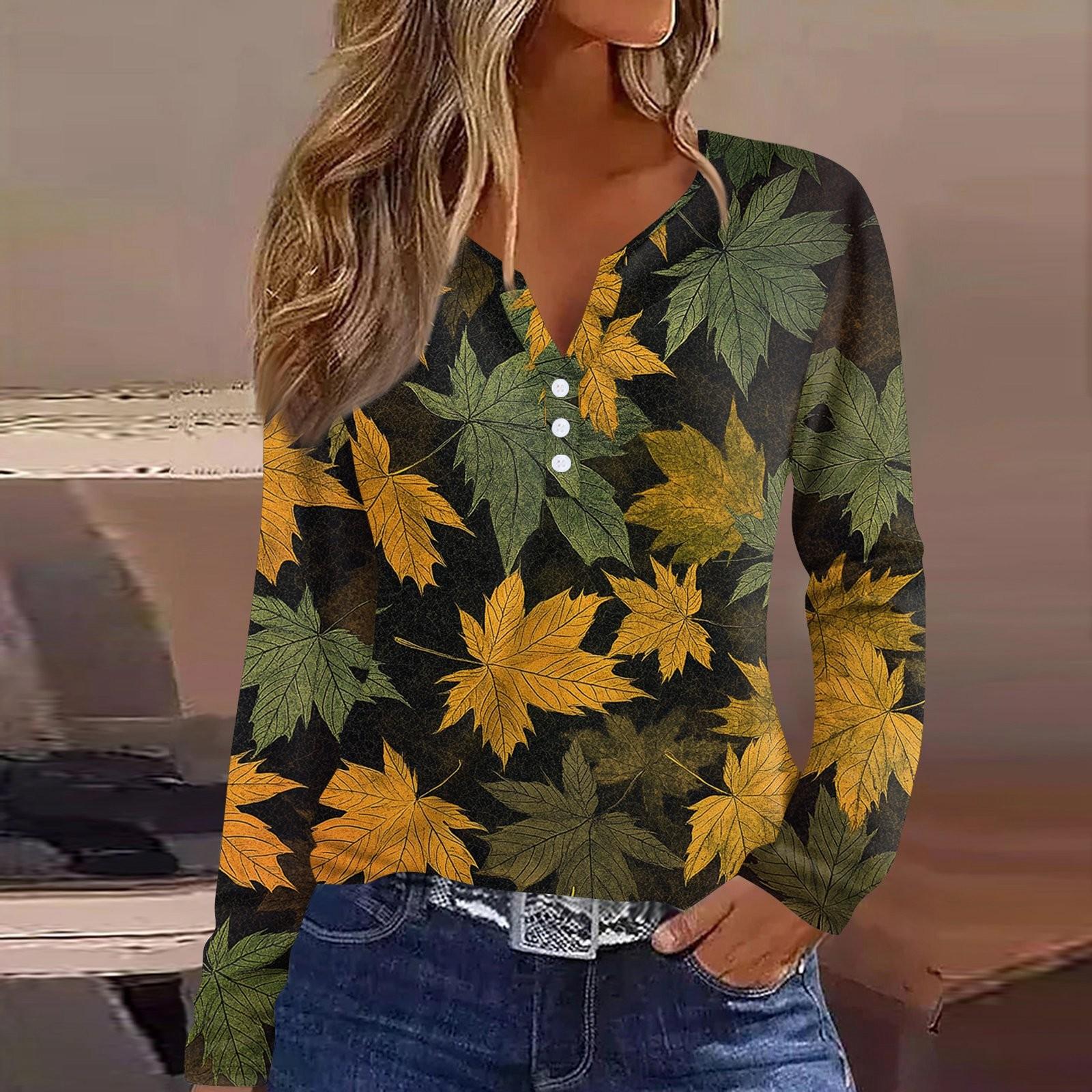 

Жен. Футболка Футболка С принтом Пуговицы Длинный рукав Повседневные Выходные Мода Классический V-образный вырез Обычный Верх S